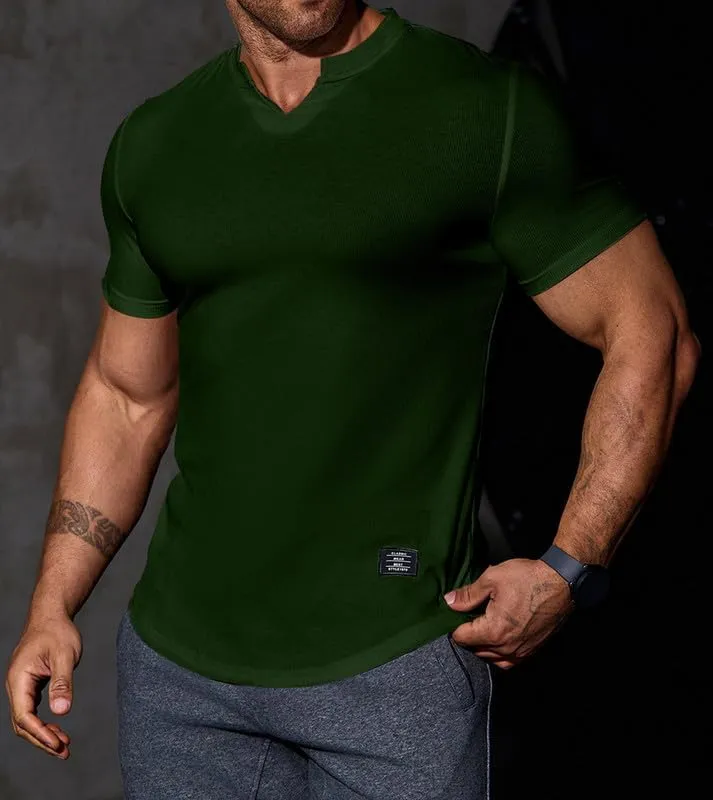Mens Muscle Slim T Shirt V-Neck Longline Henley Shirt Gym Workout Athletic Tee Shirts