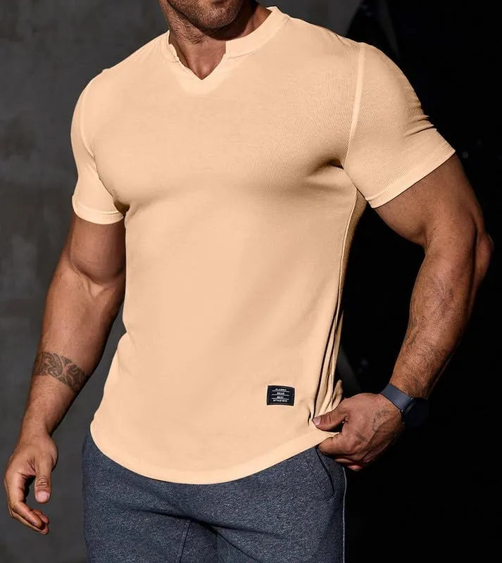 Mens Muscle Slim T Shirt V-Neck Longline Henley Shirt Gym Workout Athletic Tee Shirts