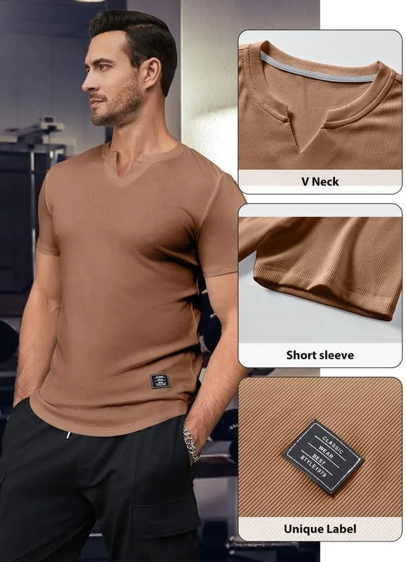 Mens Muscle Slim T Shirt V-Neck Longline Henley Shirt Gym Workout Athletic Tee Shirts