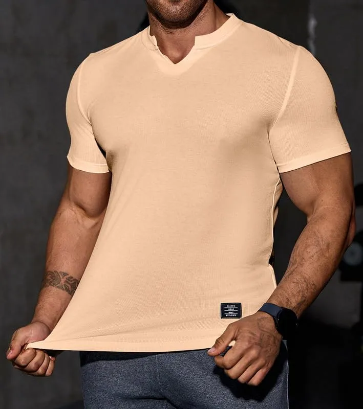 Mens Muscle Slim T Shirt V-Neck Longline Henley Shirt Gym Workout Athletic Tee Shirts