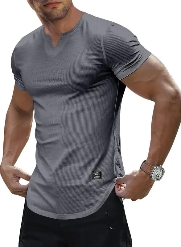 Mens Muscle Slim T Shirt V-Neck Longline Henley Shirt Gym Workout Athletic Tee Shirts
