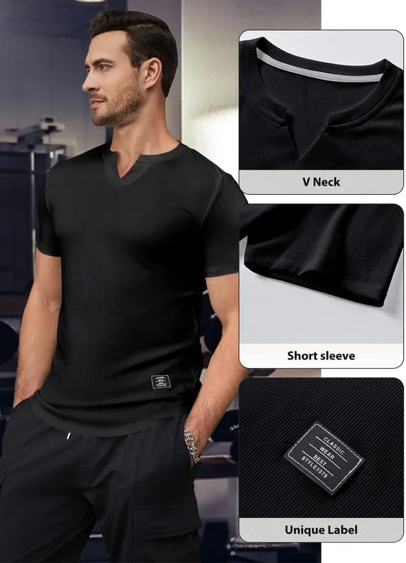 Mens Muscle Slim T Shirt V-Neck Longline Henley Shirt Gym Workout Athletic Tee Shirts