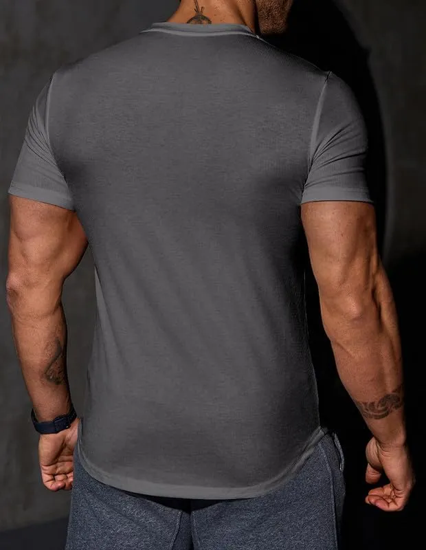 Mens Muscle Slim T Shirt V-Neck Longline Henley Shirt Gym Workout Athletic Tee Shirts