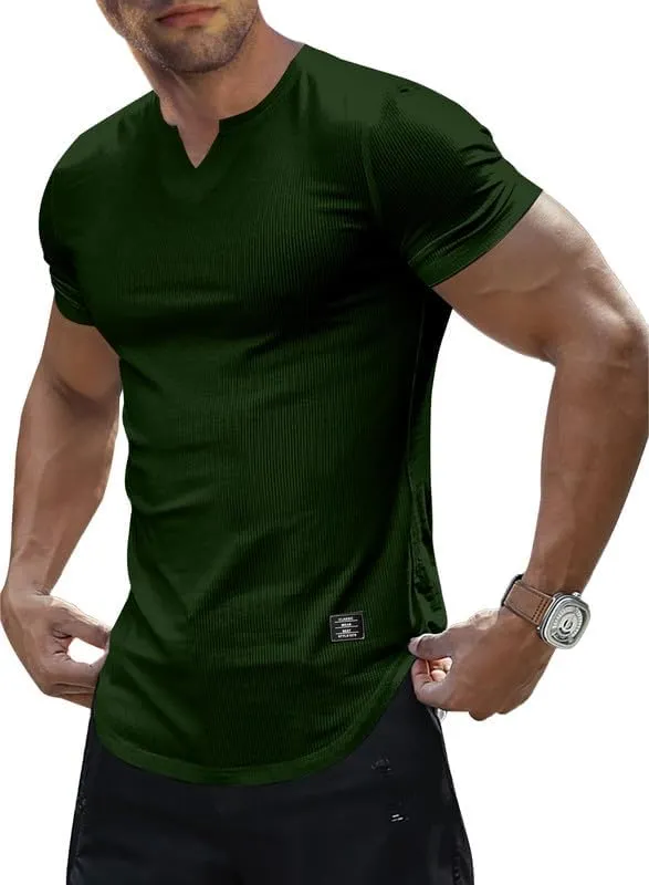 Mens Muscle Slim T Shirt V-Neck Longline Henley Shirt Gym Workout Athletic Tee Shirts