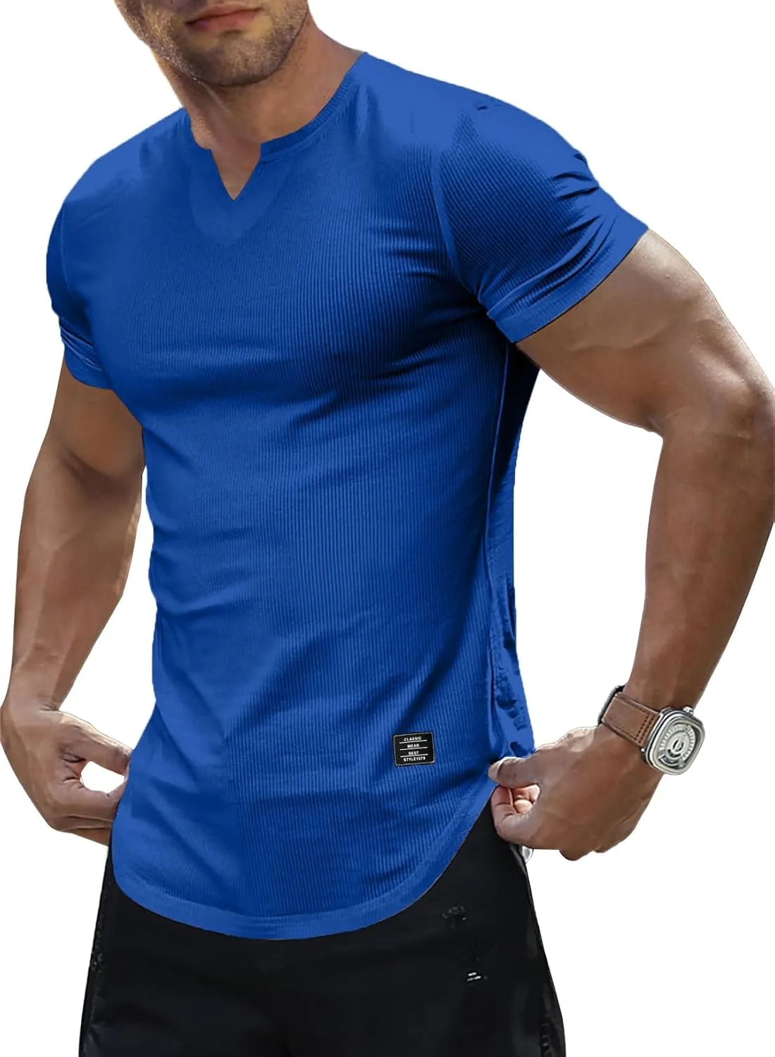 Mens Muscle Slim T Shirt V-Neck Longline Henley Shirt Gym Workout Athletic Tee Shirts