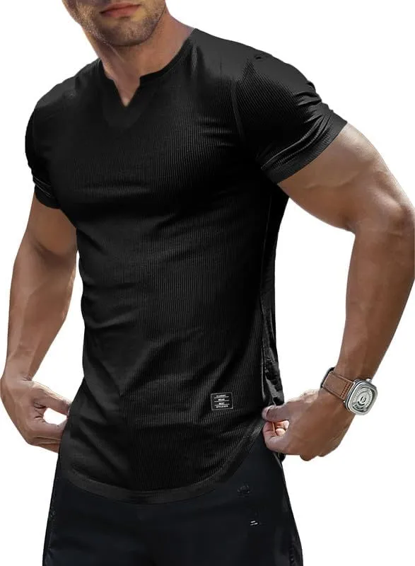 Mens Muscle Slim T Shirt V-Neck Longline Henley Shirt Gym Workout Athletic Tee Shirts
