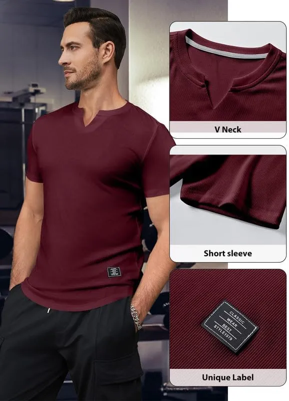 Mens Muscle Slim T Shirt V-Neck Longline Henley Shirt Gym Workout Athletic Tee Shirts