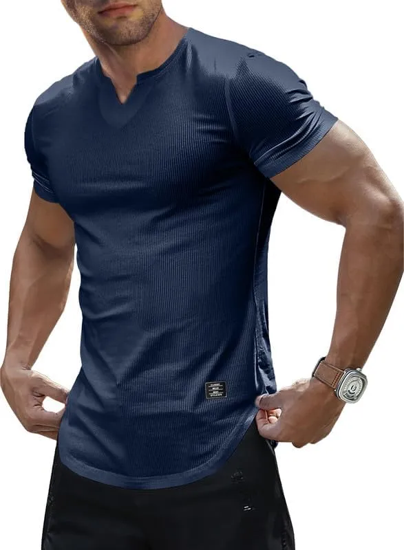 Mens Muscle Slim T Shirt V-Neck Longline Henley Shirt Gym Workout Athletic Tee Shirts