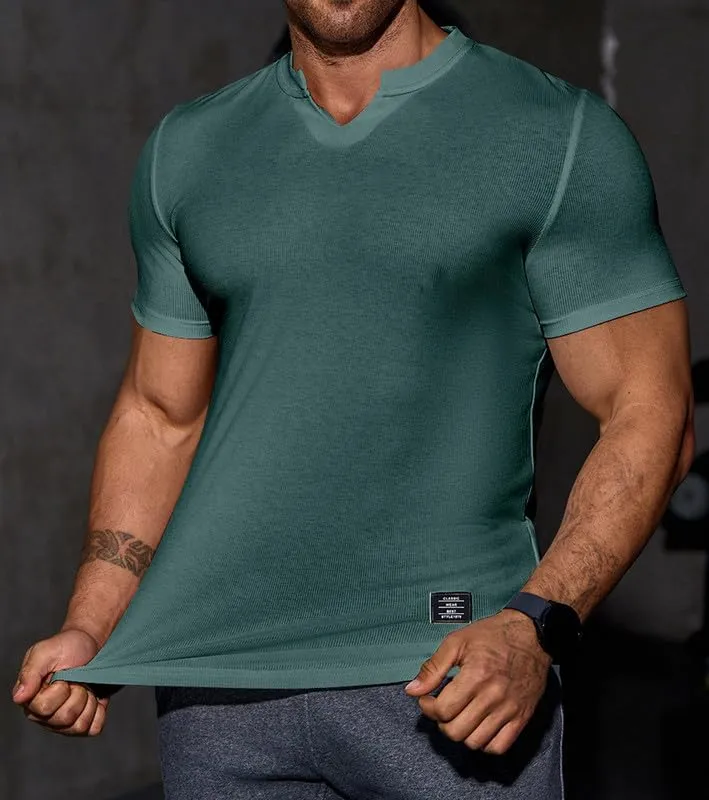 Mens Muscle Slim T Shirt V-Neck Longline Henley Shirt Gym Workout Athletic Tee Shirts