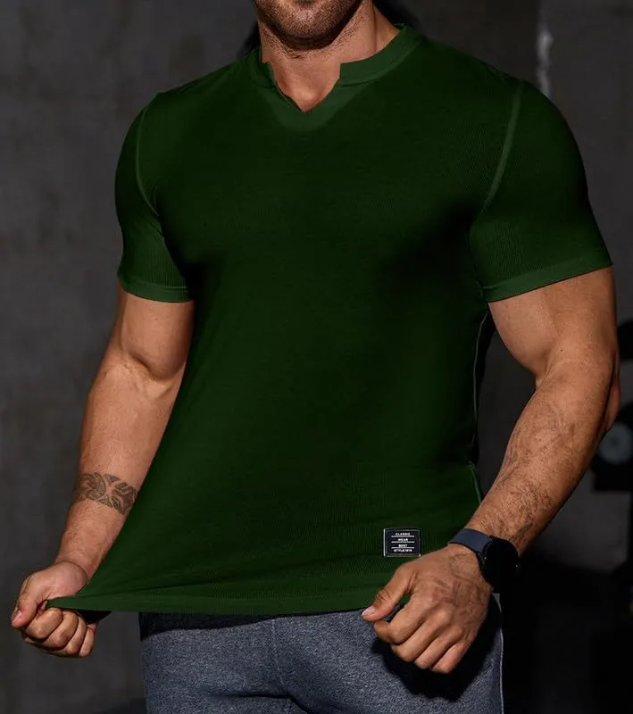 Mens Muscle Slim T Shirt V-Neck Longline Henley Shirt Gym Workout Athletic Tee Shirts