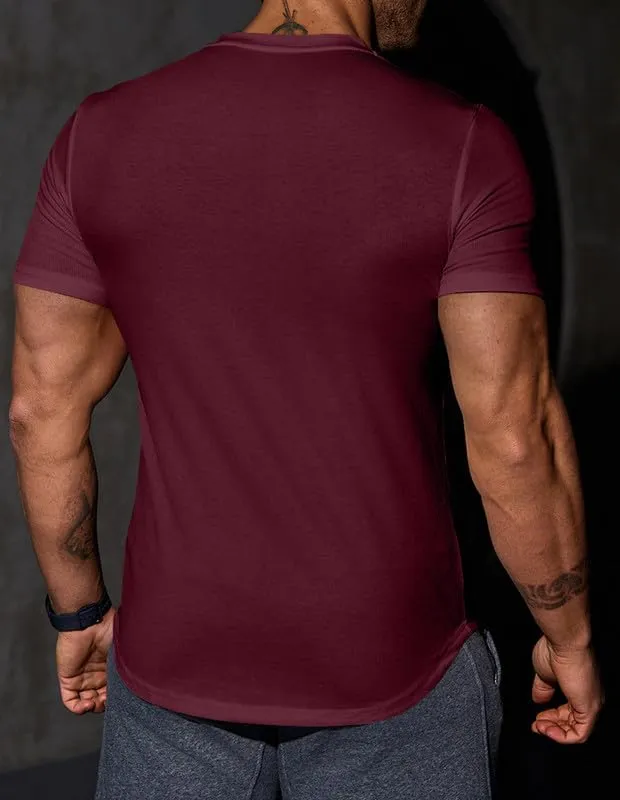 Mens Muscle Slim T Shirt V-Neck Longline Henley Shirt Gym Workout Athletic Tee Shirts