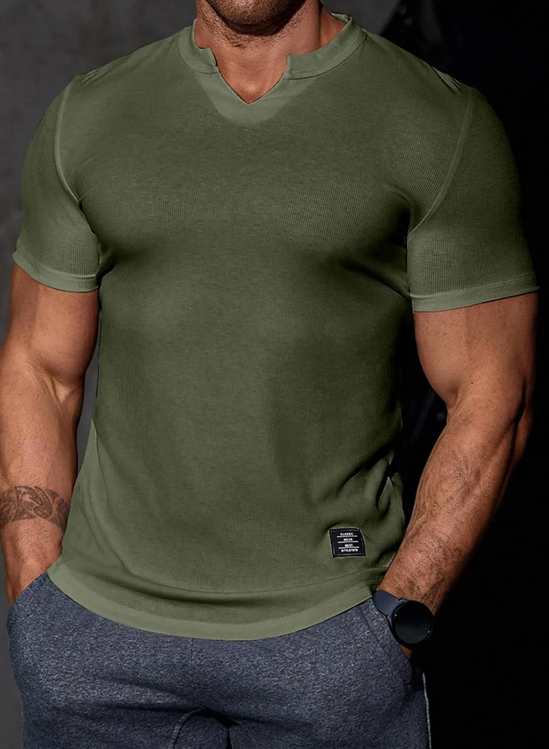 Mens Muscle Slim T Shirt V-Neck Longline Henley Shirt Gym Workout Athletic Tee Shirts