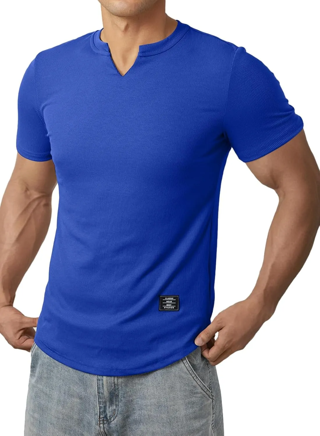 Mens Muscle Slim T Shirt V-Neck Longline Henley Shirt Gym Workout Athletic Tee Shirts