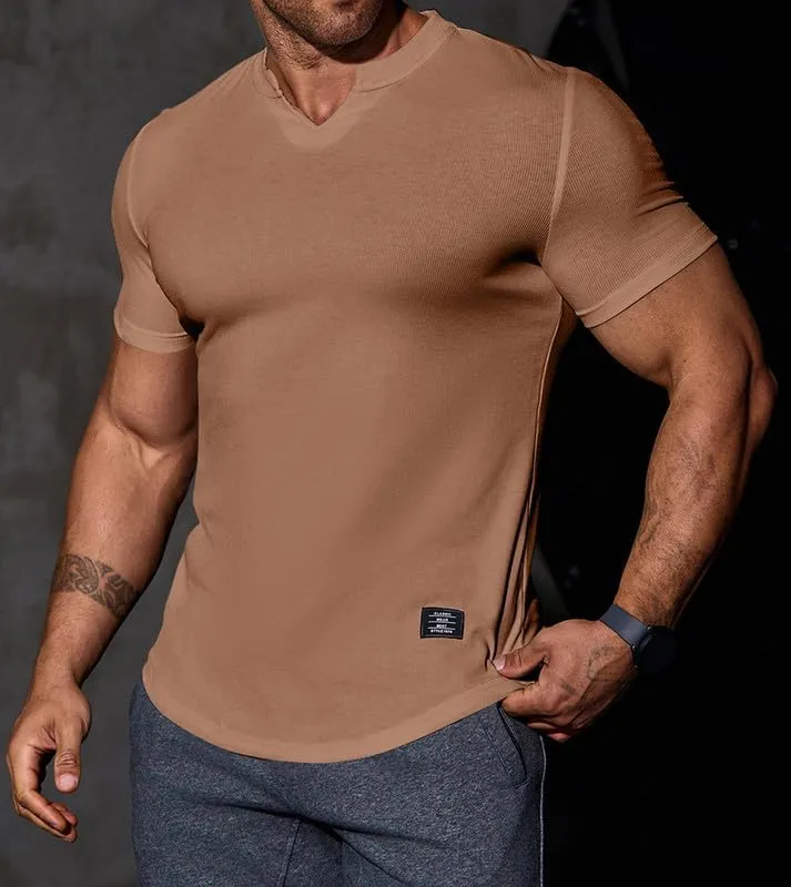 Mens Muscle Slim T Shirt V-Neck Longline Henley Shirt Gym Workout Athletic Tee Shirts