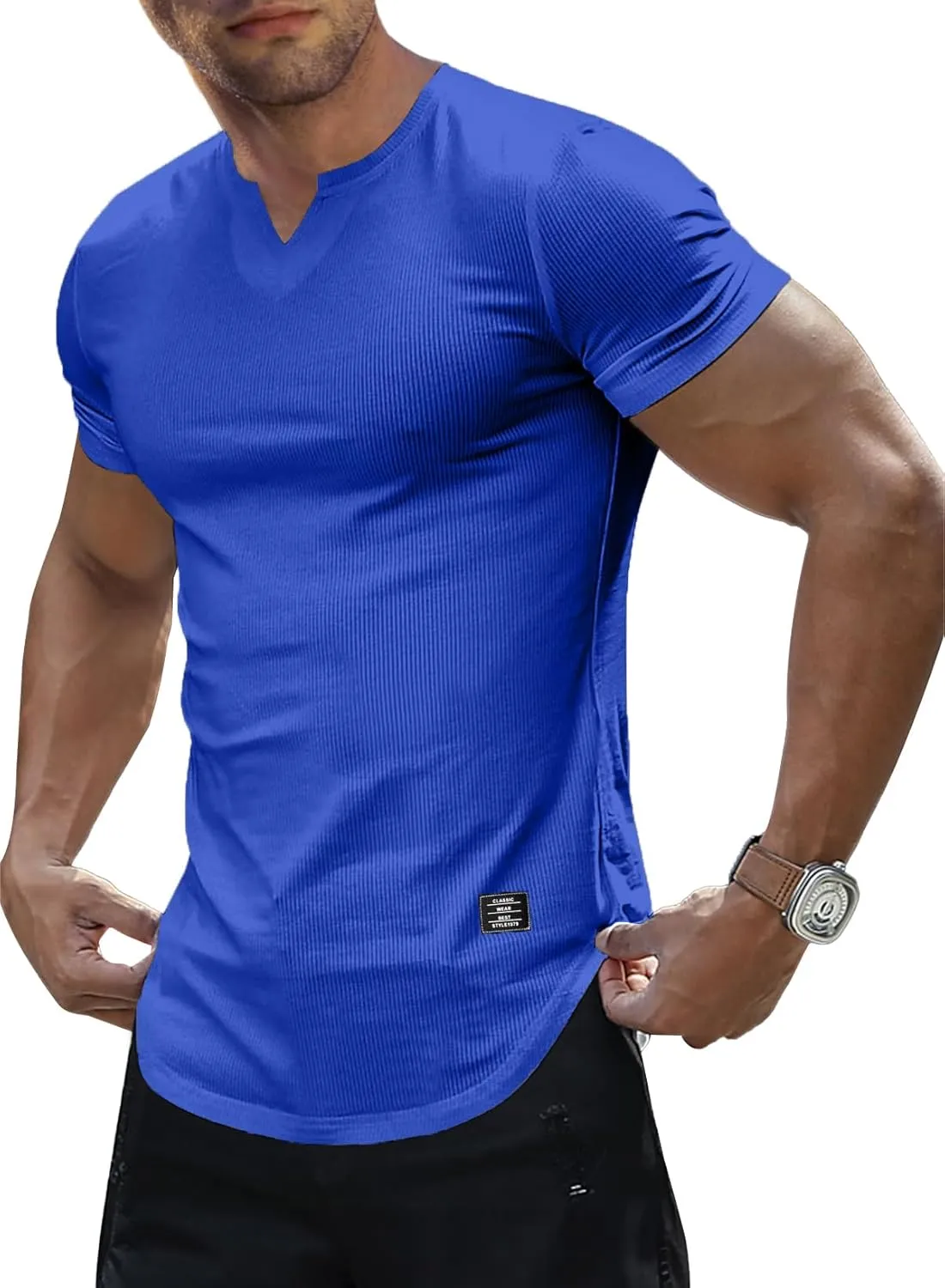 Mens Muscle Slim T Shirt V-Neck Longline Henley Shirt Gym Workout Athletic Tee Shirts