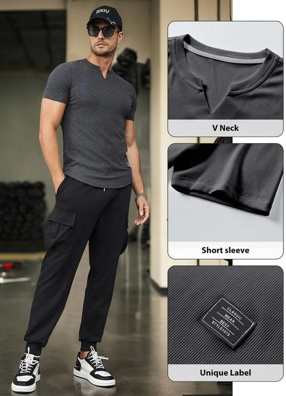 Mens Muscle Slim T Shirt V-Neck Longline Henley Shirt Gym Workout Athletic Tee Shirts