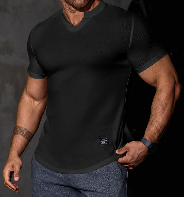 Mens Muscle Slim T Shirt V-Neck Longline Henley Shirt Gym Workout Athletic Tee Shirts