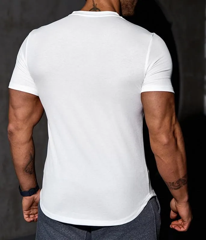 Mens Muscle Slim T Shirt V-Neck Longline Henley Shirt Gym Workout Athletic Tee Shirts