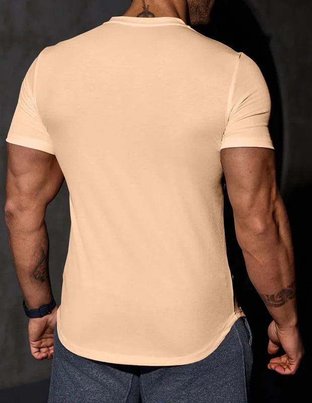 Mens Muscle Slim T Shirt V-Neck Longline Henley Shirt Gym Workout Athletic Tee Shirts
