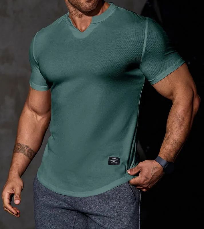 Mens Muscle Slim T Shirt V-Neck Longline Henley Shirt Gym Workout Athletic Tee Shirts