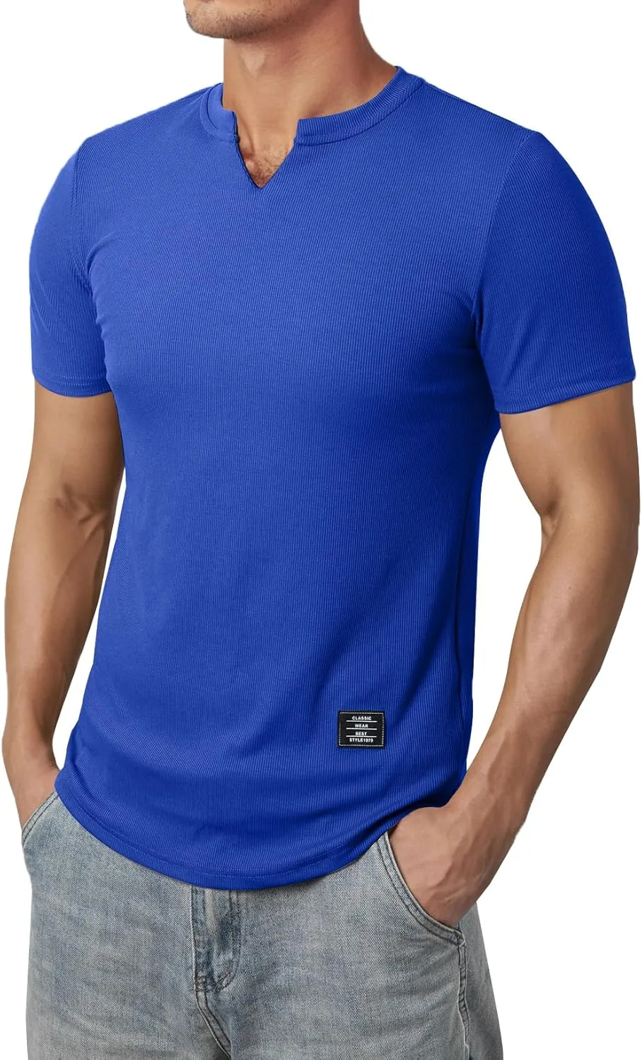 Mens Muscle Slim T Shirt V-Neck Longline Henley Shirt Gym Workout Athletic Tee Shirts