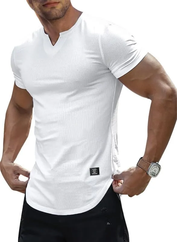 Mens Muscle Slim T Shirt V-Neck Longline Henley Shirt Gym Workout Athletic Tee Shirts