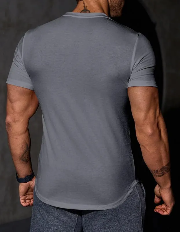 Mens Muscle Slim T Shirt V-Neck Longline Henley Shirt Gym Workout Athletic Tee Shirts