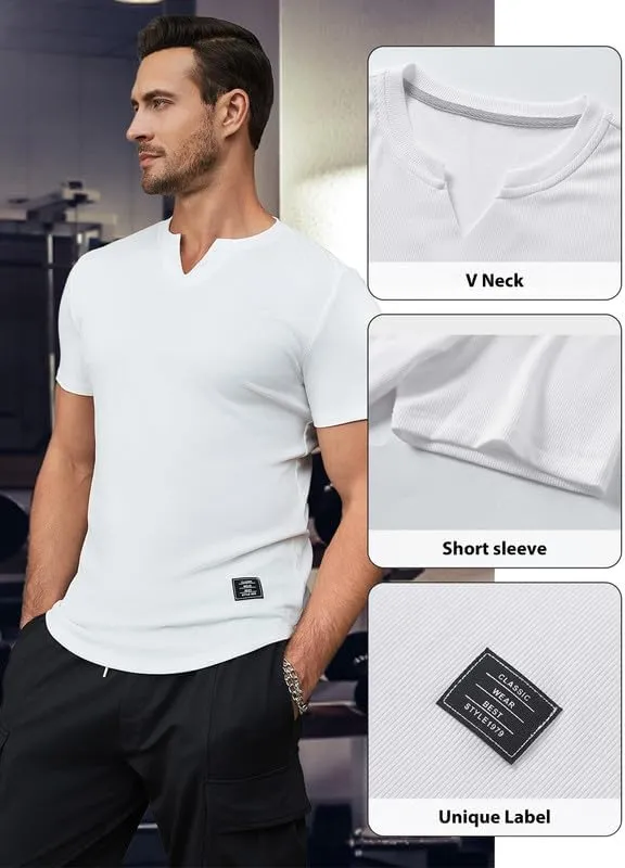 Mens Muscle Slim T Shirt V-Neck Longline Henley Shirt Gym Workout Athletic Tee Shirts
