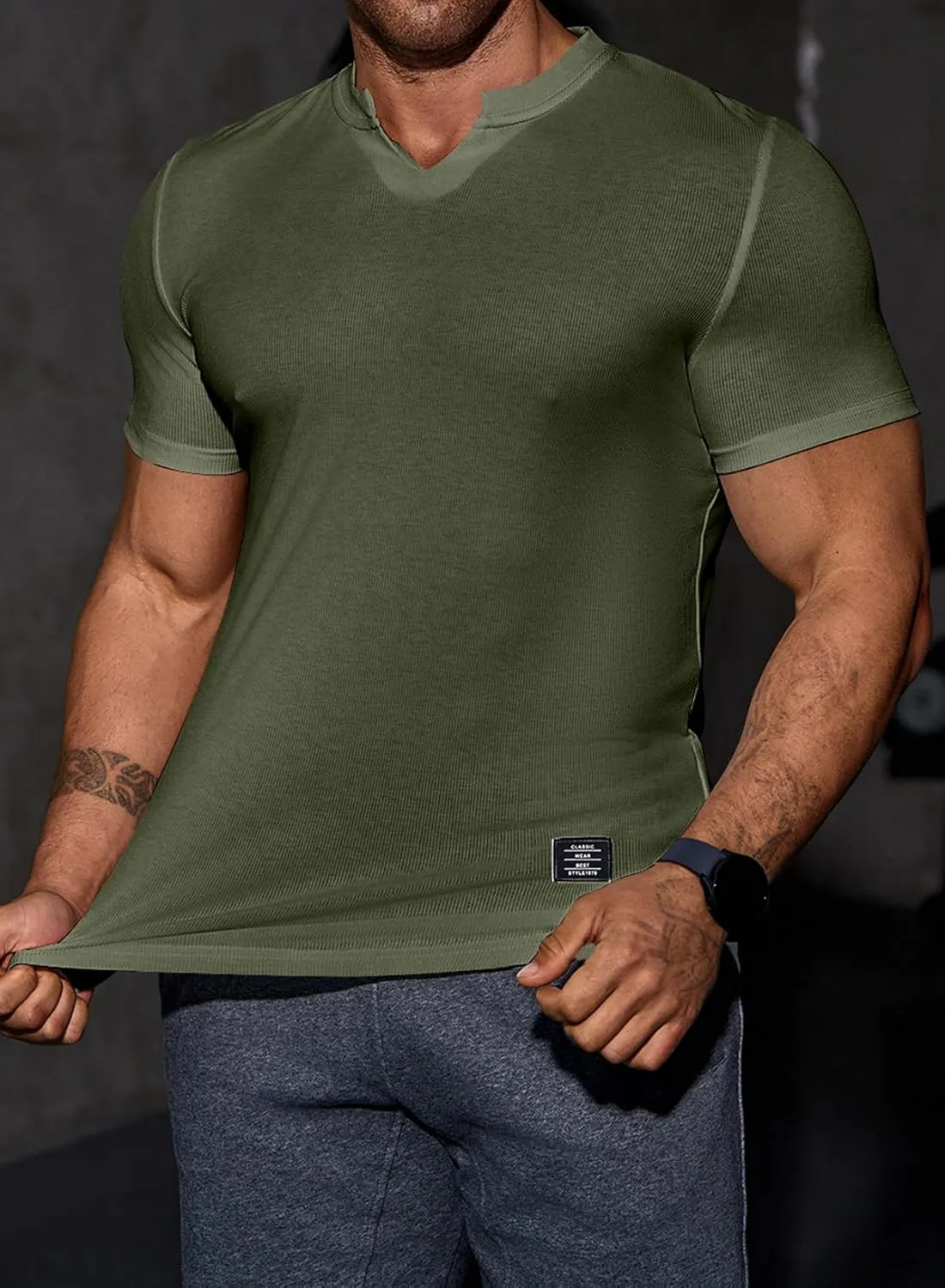 Mens Muscle Slim T Shirt V-Neck Longline Henley Shirt Gym Workout Athletic Tee Shirts