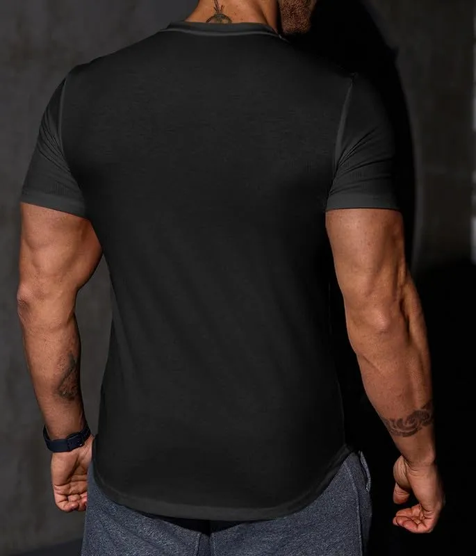Mens Muscle Slim T Shirt V-Neck Longline Henley Shirt Gym Workout Athletic Tee Shirts