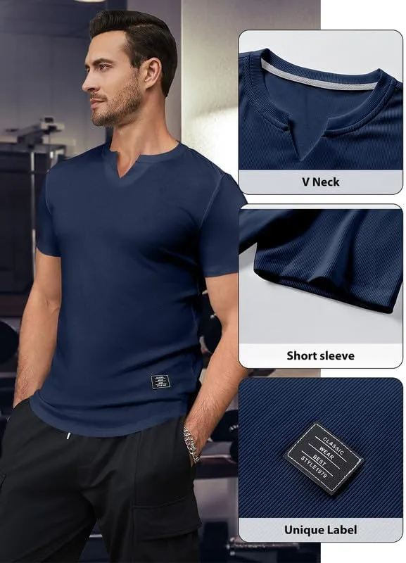 Mens Muscle Slim T Shirt V-Neck Longline Henley Shirt Gym Workout Athletic Tee Shirts