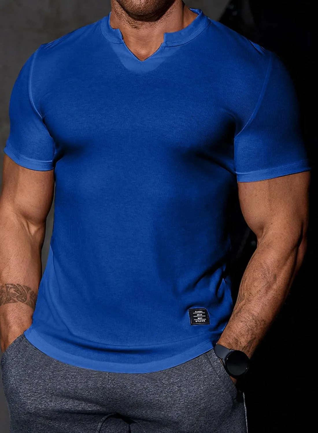 Mens Muscle Slim T Shirt V-Neck Longline Henley Shirt Gym Workout Athletic Tee Shirts
