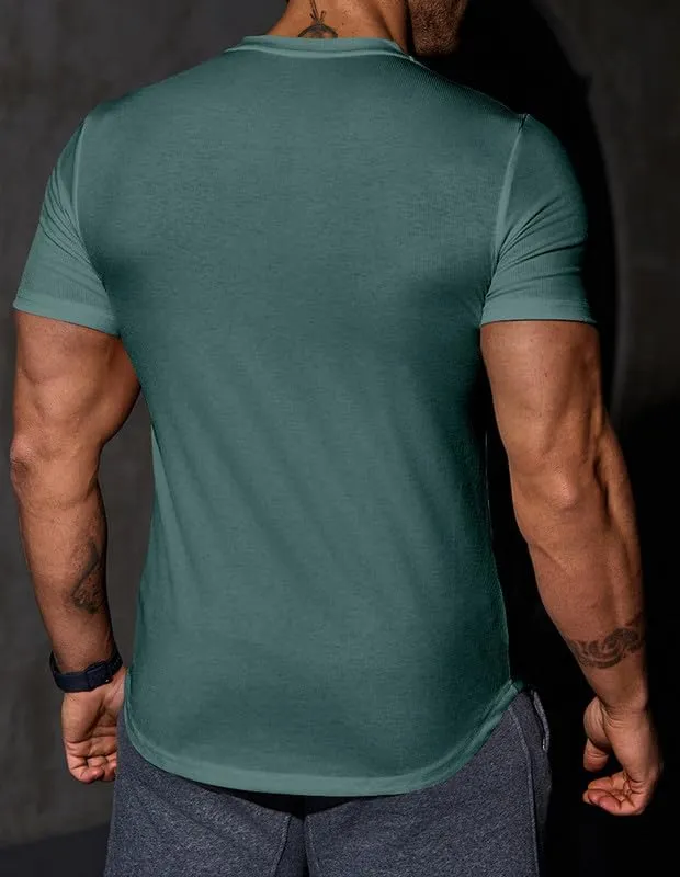 Mens Muscle Slim T Shirt V-Neck Longline Henley Shirt Gym Workout Athletic Tee Shirts
