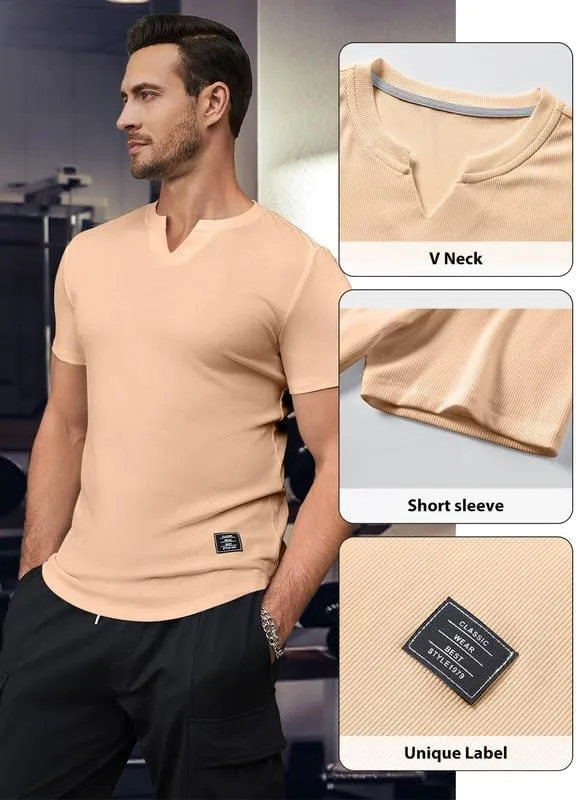 Mens Muscle Slim T Shirt V-Neck Longline Henley Shirt Gym Workout Athletic Tee Shirts