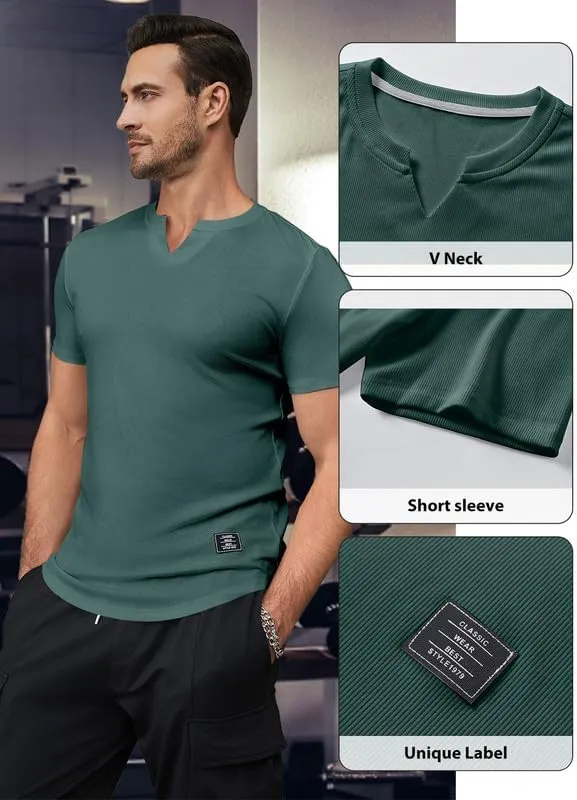 Mens Muscle Slim T Shirt V-Neck Longline Henley Shirt Gym Workout Athletic Tee Shirts
