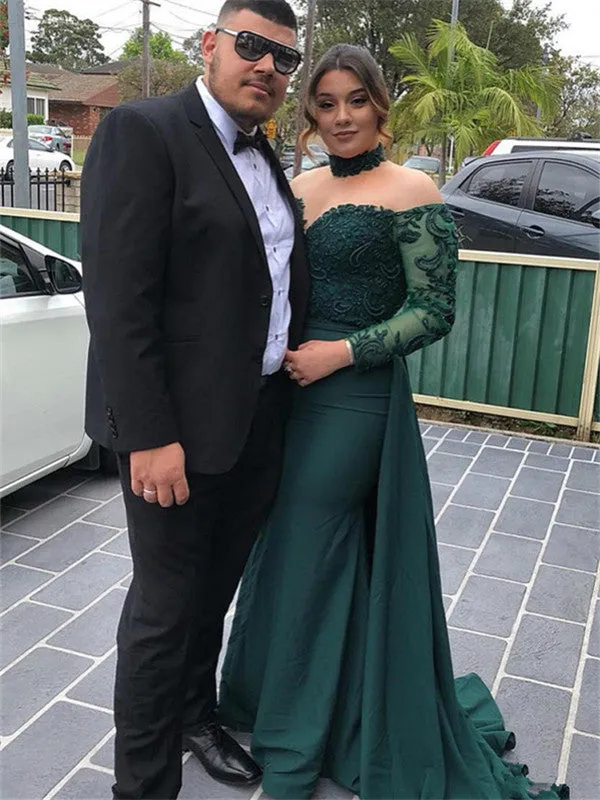 Off-shoulder Long Sleeves Green Lace Prom Dresses, PD0760