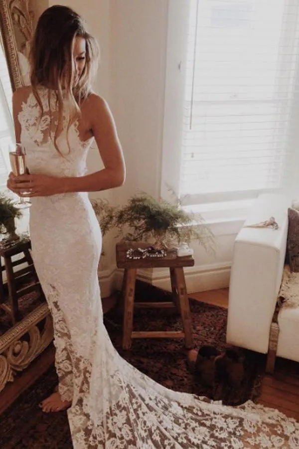 Roycebridal Lace Mermaid Halter Princess Backless Romantic Beach Wedding Dresses, MW183