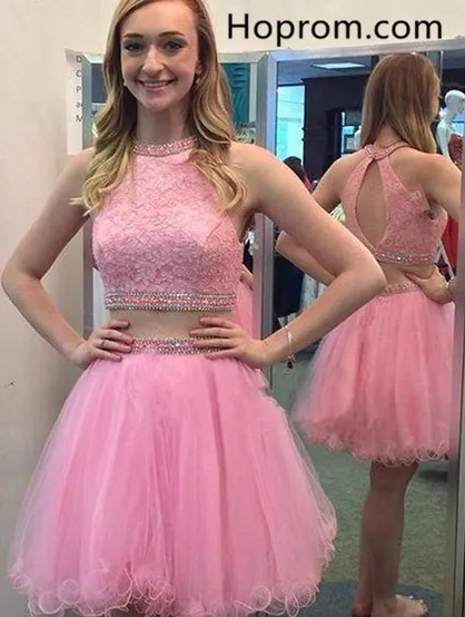 Scoop Neck Tulle A-line ShortMini with Lace Two Piece Pretty Homecoming Dresses