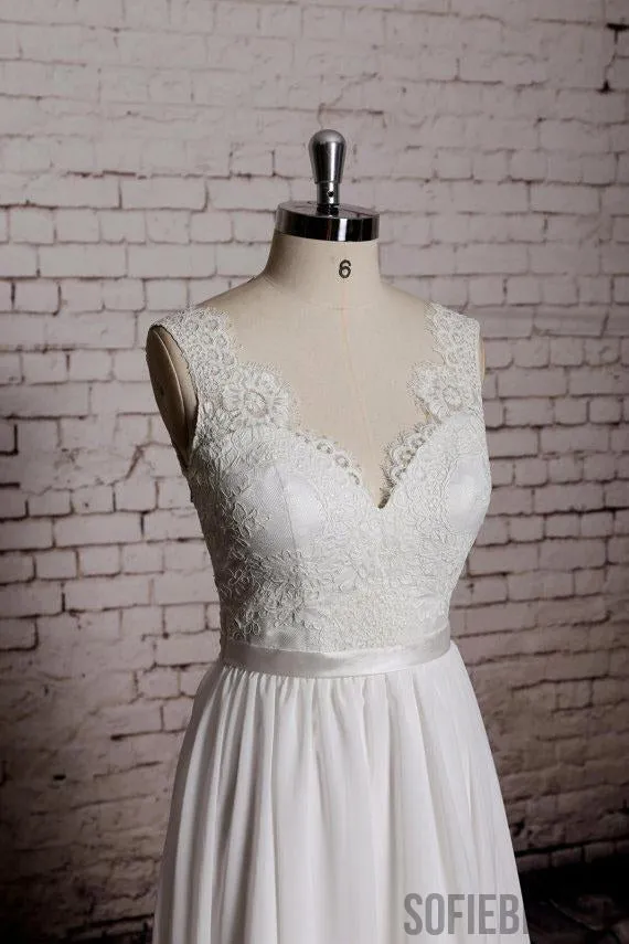 Simple Lace V Neck Cheap Beach Wedding Dresses Online, WD384