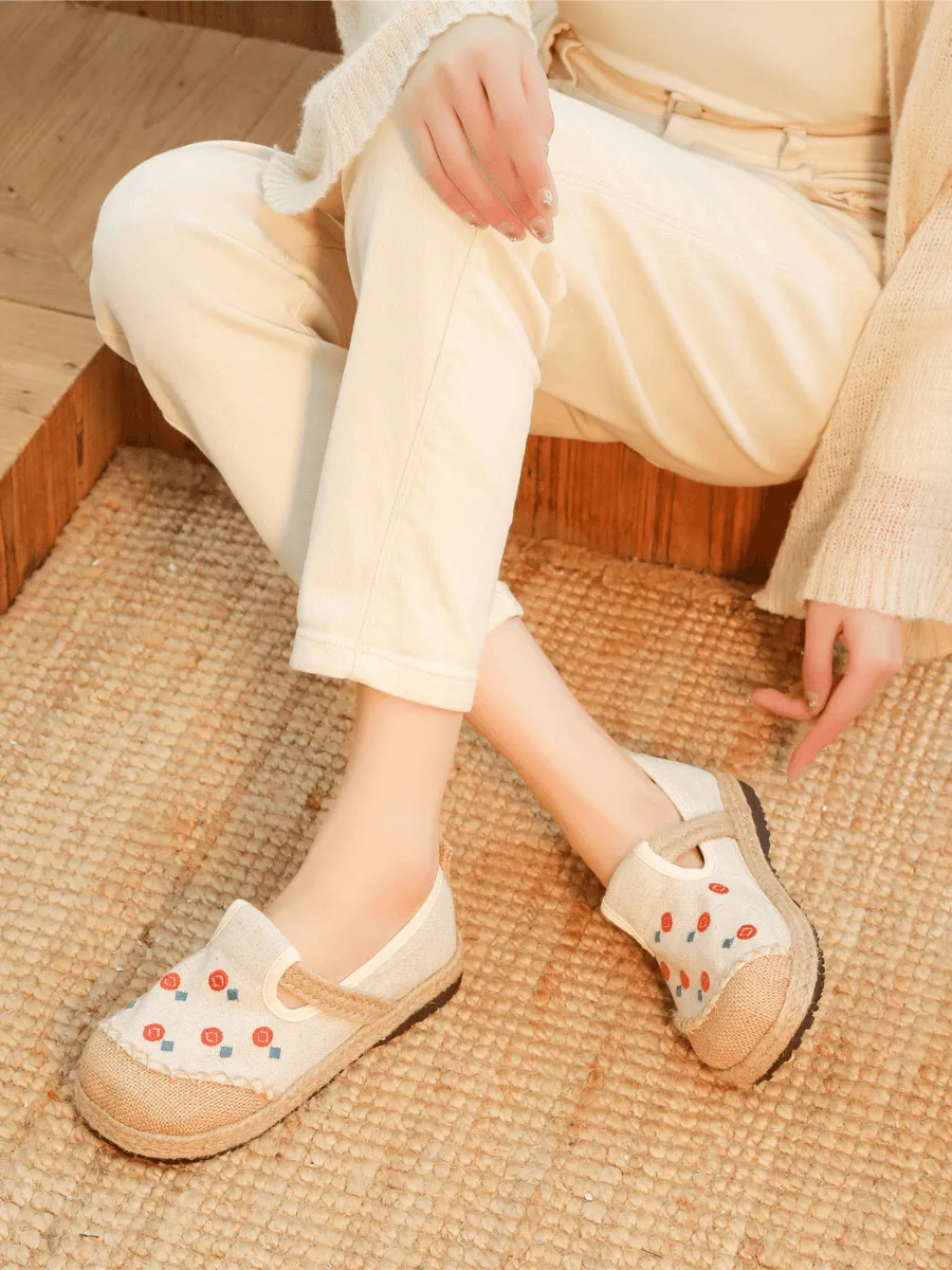 Star Eye Embroidered Linen Espadrille - Apricot