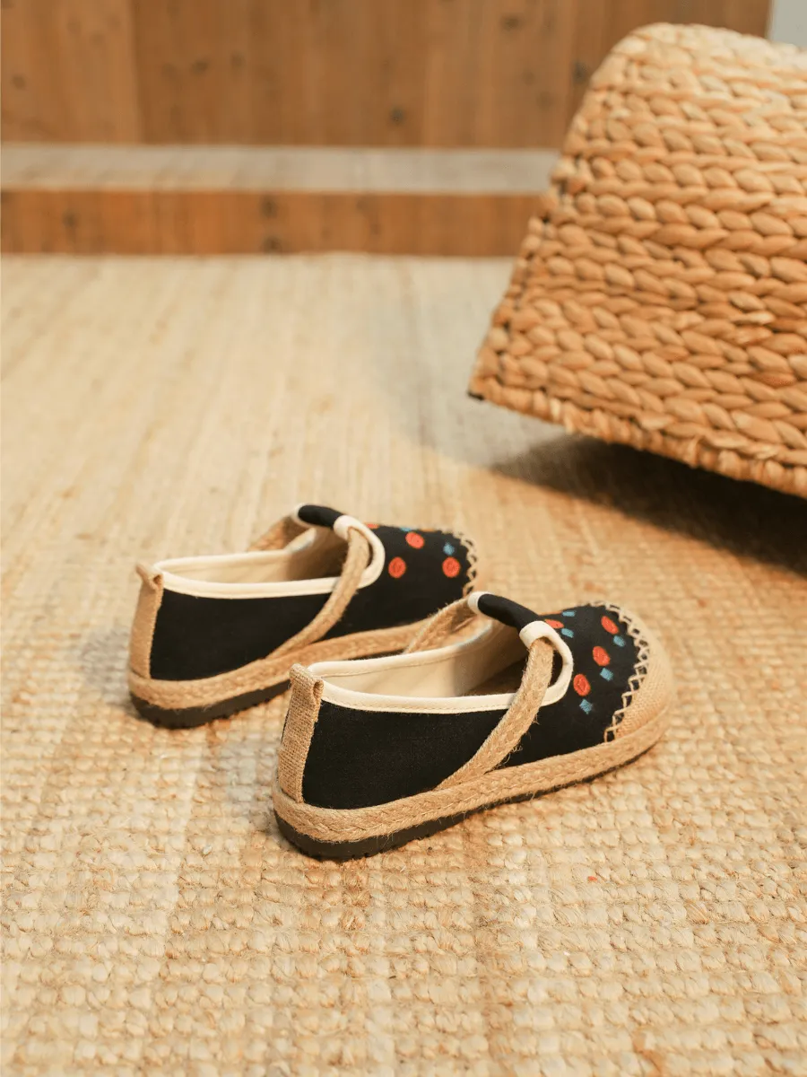 Star Eye Embroidered Linen Espadrille - Black