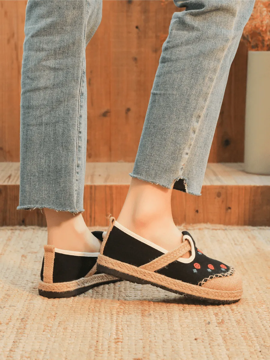 Star Eye Embroidered Linen Espadrille - Black