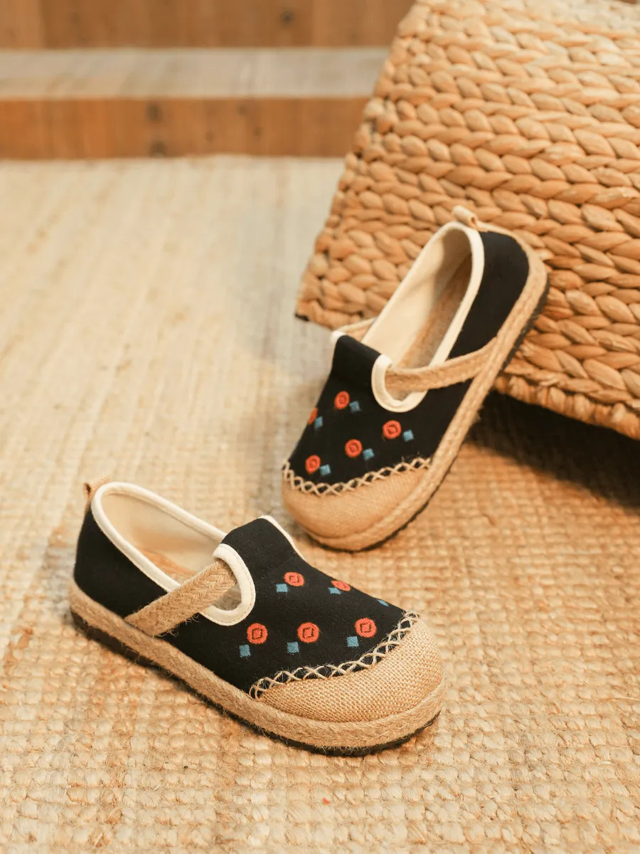 Star Eye Embroidered Linen Espadrille - Black