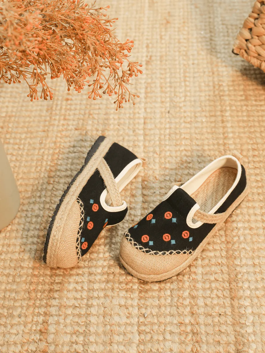 Star Eye Embroidered Linen Espadrille - Black