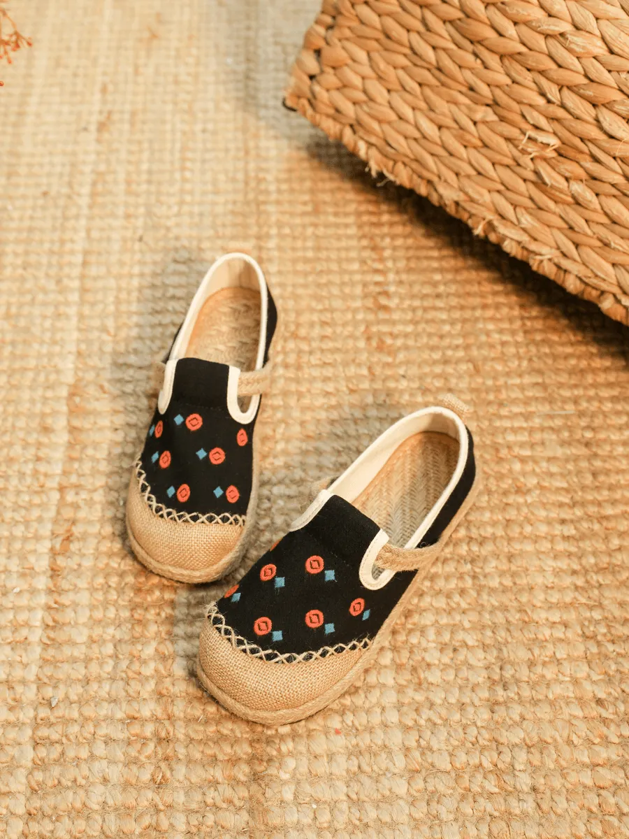 Star Eye Embroidered Linen Espadrille - Black