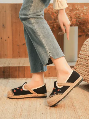 Star Eye Embroidered Linen Espadrille - Black
