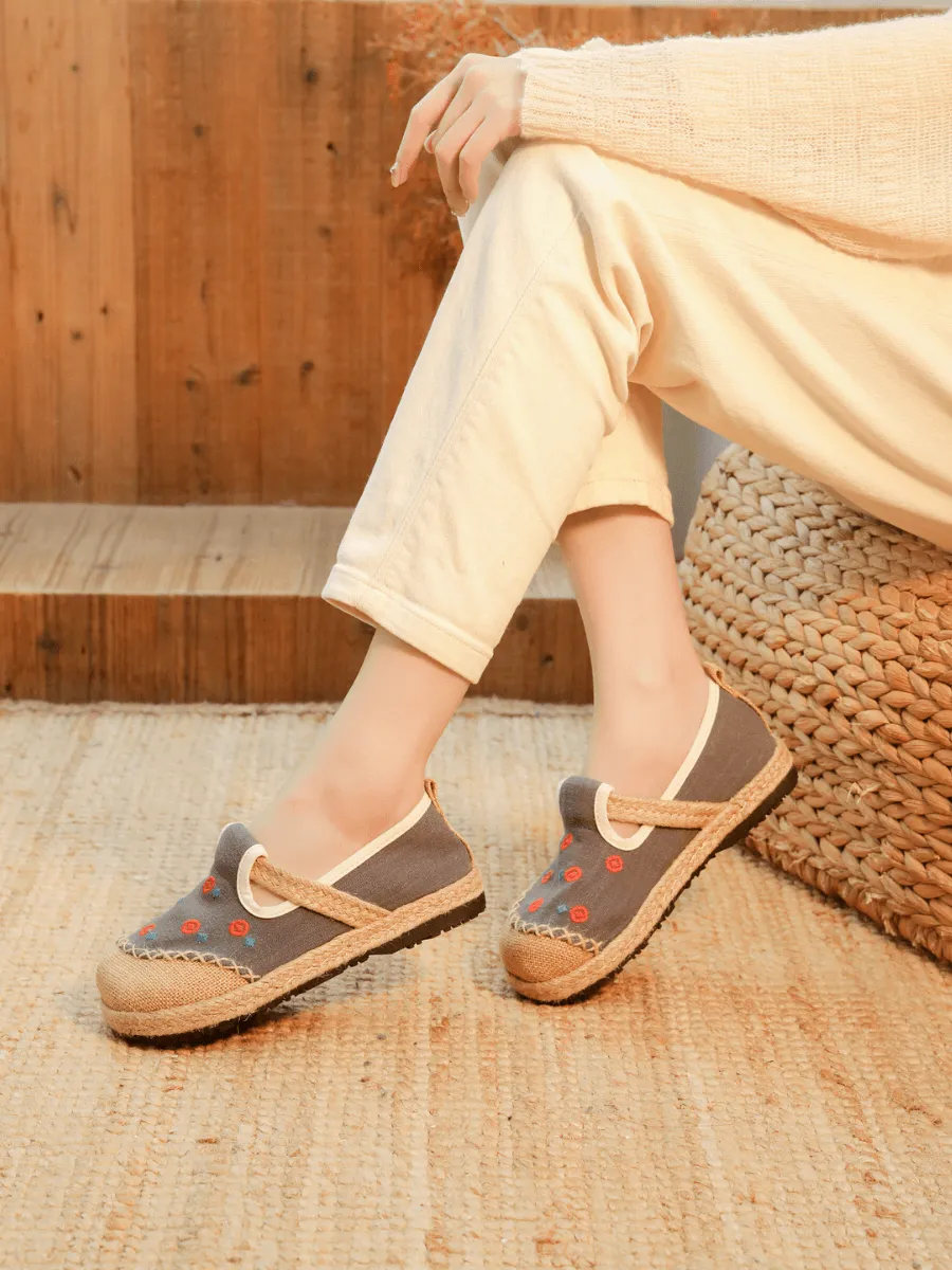 Star Eye Embroidered Linen Espadrille - Grey