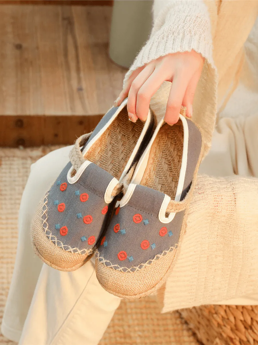 Star Eye Embroidered Linen Espadrille - Grey