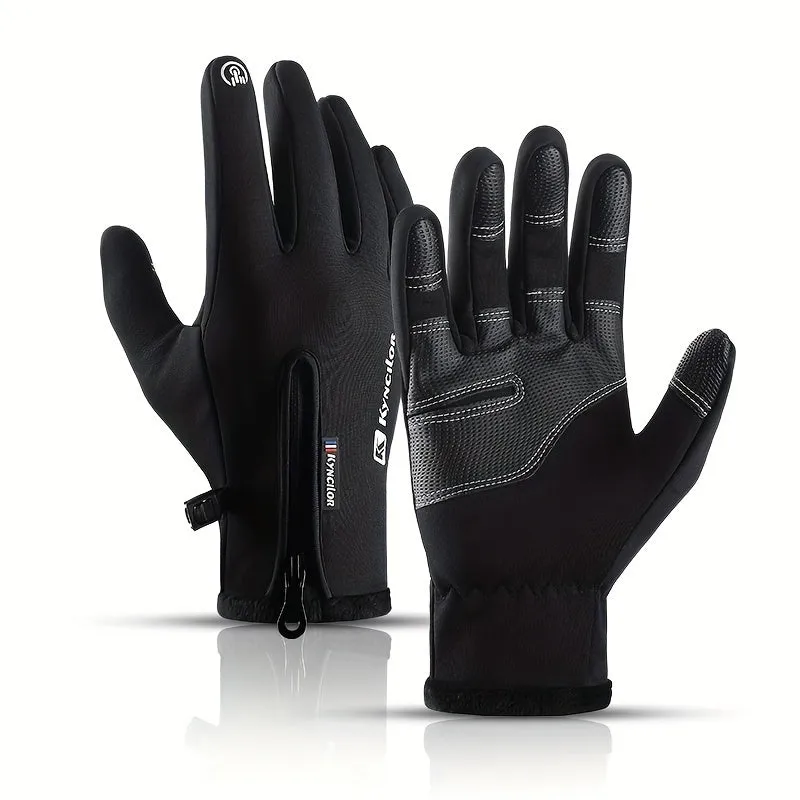 Winter Sports Touchscreen Gloves for Men and Women, Warm Velvet Lined Water-Resistant Windproof Gloves with Zip Closure, Anti-Lost Buckle, and Elastic Wrist for Skiing, Cycling - Perfect for Thanksgiving, Christmas, Halloween